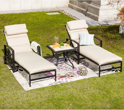 Juego de 3 sillas de salón para exteriores, incluye 2 sillas reclinables con respaldo ajustable, cojines extraíbles y 1 mesa de bistró para piscina,