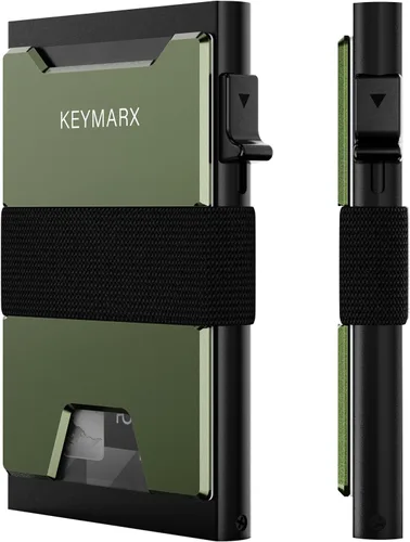 KEYMARX Billetera de metal minimalista para hombre, con bloqueo RFID, cartera delgada con correa para efectivo con capacidad para 15 tarjetas más