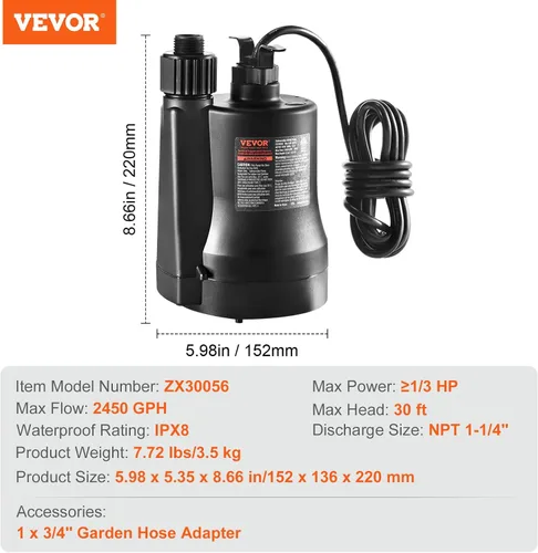 Miniatura 7 de VEVOR Bomba de sumidero sumergible, 1/3 HP, 2450 GPH de alto caudal, cabeza de 30 pies, bomba de agua sumergible, bomba de sumidero termoplástica