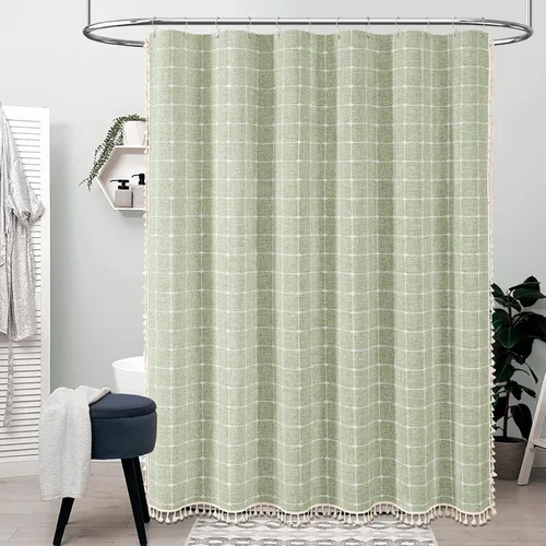 Miniatura 6 de BTTN - Cortina de tela de lino para ducha, bohemia, con borlas, estilo rústico chic, para baño, elegante, con ganchos, alta, gruesa, moderna, A