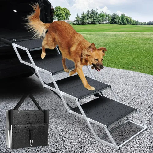 DGSL Rampa para perros para automóvil, escaleras plegables para perros de 4 escalones, aluminio, negro, soporta hasta 250 libras