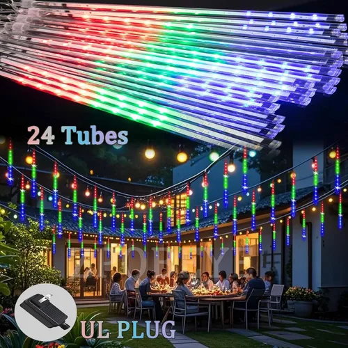 Miniatura 5 de Luces de lluvia de meteoros al aire libre, luces navideñas, 24 tubos, 576 LED, efecto de caída de nieve, lluvia en cascada, carámbanos, luz