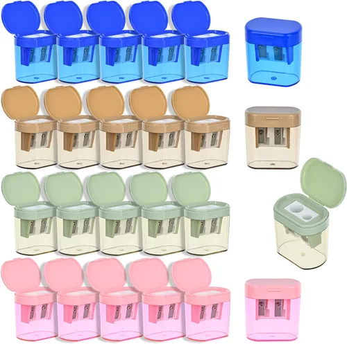 Miniatura 7 de BOPART - Sacapuntas manuales de colores a granel, 24 sacapuntas de mano pequeños con doble agujero con tapa para niños y adultos en el aula