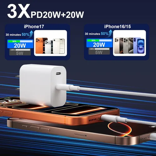 Miniatura 2 de Cargador rápido para 15, 16, 17 Pro Max, cable de carga USB C a C trenzado de nailon de 10 pies y bloque de carga rápida USB C de doble puerto de 20