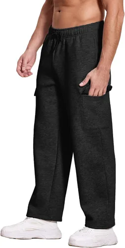 Miniatura 4 de Deyeek Pantalones deportivos con forro polar para hombre, pantalones deportivos de carga con parte inferior abierta, pantalones deportivos