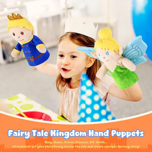 Miniatura 4 de 6 piezas de marionetas de mano de castillo de cuentos de hadas, reina y rey, princesa y príncipe, elfo y bruja, juguetes de peluche para niños