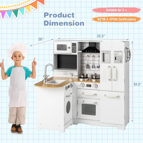 Miniatura 7 de Costzon Juego de Cocina de Esquina para Niños, Juego de Cocina de Madera de Juguete 11 en 1 con Lavadora Realista, Microondas, Horno, Estufa