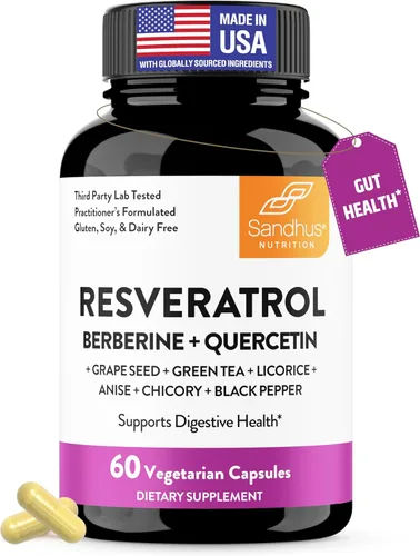 Resveratrol con suplemento de berberina para apoyo a la salud intestinal | 60 cápsulas digestivas para mujeres y hombres | Con extracto de té verde,