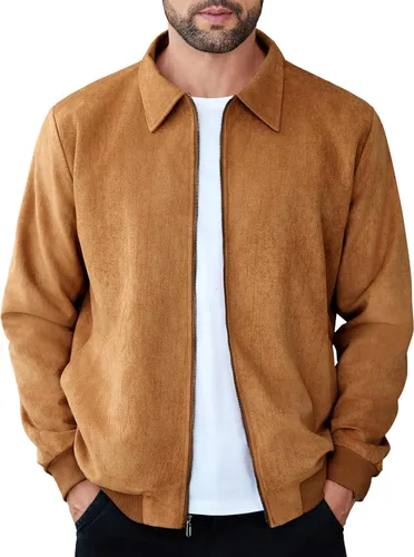 Miniatura 10 de COOFANDY Chaqueta bomber casual de ante para hombre, ligera, con cremallera completa, chaqueta de piel sintética vintage