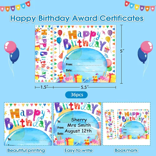 Miniatura 7 de D24TIME 36 piezas de certificados de feliz cumpleaños, regalos para niños y estudiantes de profesores, acuarela, aula, certificados de cumpleaños