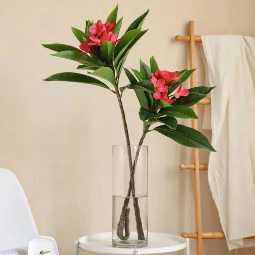 Miniatura 5 de XIYUAN Flores artificiales Frangipani de 35.5 pulgadas, 2 tallos realistas de tacto real, flores de plumeria artificiales para el hogar, fiesta, Rojo
