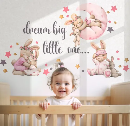 Miniatura 3 de Adhesivos de pared rosa con conejos para guardería - Decoración de pared de conejo para habitación de bebé niña, adhesivos de animales para sala