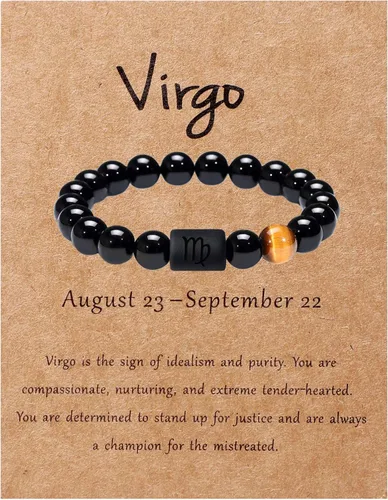 Jade cabbage Pulsera del zodiaco para pareja de 0.315in 0.394in, pulsera de cuentas de piedra de ónix negro natural para hombres y mujeres, signo de