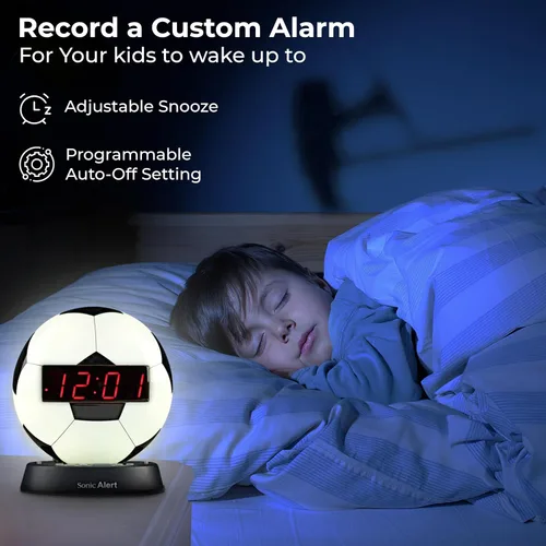 Miniatura 8 de Sonic Alert Reloj despertador con balón de fútbol con luz nocturna brillante, batería de reserva y atenuador de rango completo, reloj despertador