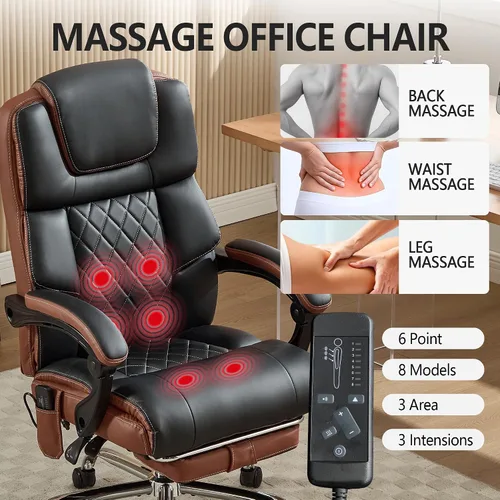 Miniatura 5 de Silla de oficina de masaje de 6 puntos, 500 libras con reposapiés, silla de escritorio reclinable de cuero con calor por vibración, sillas Negro