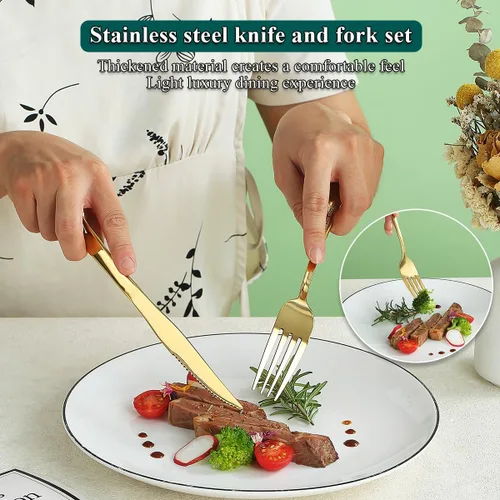 Miniatura 6 de Evanda Juego de cuchillos dorados para carne, 12 piezas, acero inoxidable chapado en titanio dorado, 6 tenedores y 6 cuchillos de cena, cuchillos
