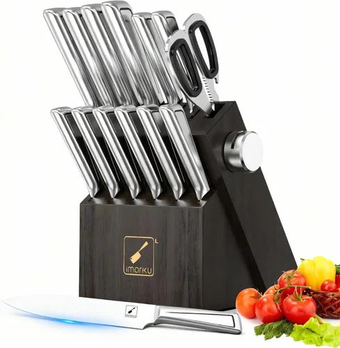 imarku Juego de cuchillos con bloque de cuchillos, 14 cuchillos de cocina de acero inoxidable de alto carbono con afilador integrado, apto para