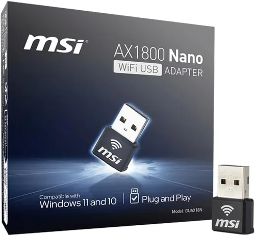 MSI AX1800 Nano Adaptador WiFi USB - WiFi 6, hasta 1800 Mbps, Red Inalámbrica Dual-Band 2.4G/5G, encriptación WPA3, MU-MIMO, OFDMA, 2X Antenas