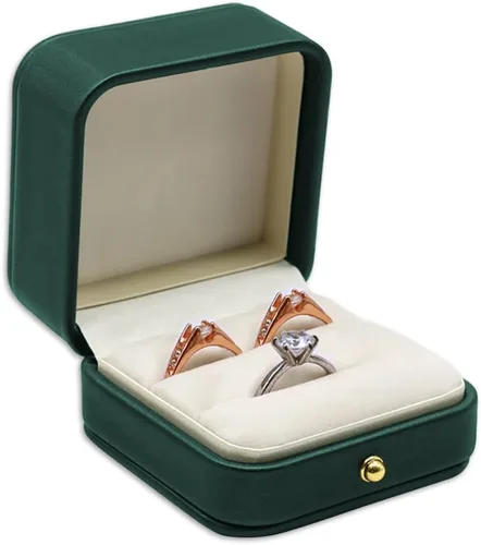 Miniatura 8 de Caja de compromiso de boda, caja de compromiso verde, caja cuadrada de terciopelo de cuero, caja para anillos de joyería de terciopelo de alta