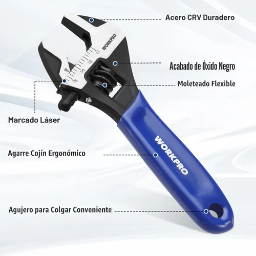 Miniatura 6 de WORKPRO Llave ajustable mini de 4 pulgadas, llave de mandíbula ancha de acero Cr-V con óxido negro para tuercas pequeñas, escalas métricas y SAE