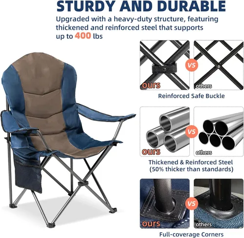 Miniatura 6 de Sillas plegables de camping para adultos, sillas de césped acolchadas con respaldo alto para exteriores con soporte lumbar y soporte para tazas