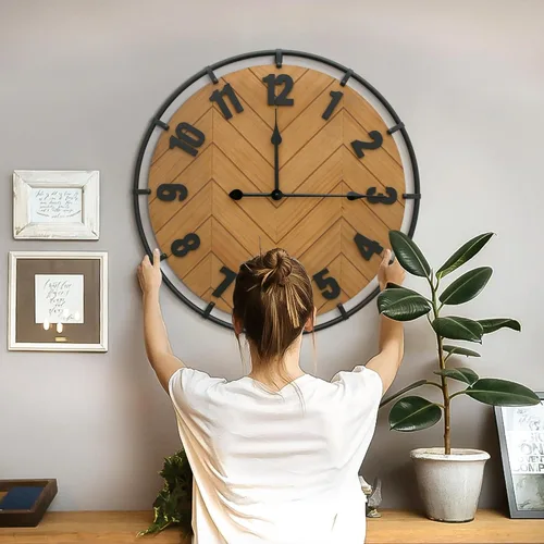 Miniatura 2 de Micasso Reloj de pared grande de 27 pulgadas, silencioso, sin tictac, decoración de pared de madera rústica y metal, reloj decorativo antiguo