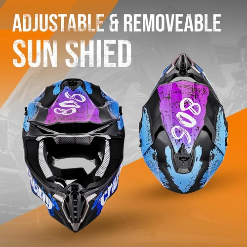 Miniatura 2 de OUMURS Casco de ATV Bicicleta de Tierra para Adultos con Gafas Guantes y Máscara Hebilla de Liberación Rápida Visera Solar Ajustable Casco de Azul