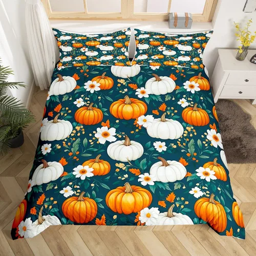Miniatura 36 de Erosebridal Juego de funda de edredón individual de pavo de Acción de Gracias, juego de ropa de cama de calabaza y hojas de otoño para niños