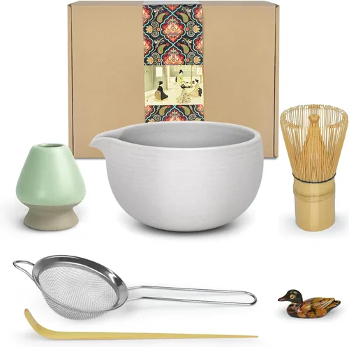 Miniatura 8 de Artcome Kit de ceremonia de matcha para ceremonia de té japonesa, cuenco tradicional de matcha, batidor, cuchara de té, colador de polvo matcha, Cian