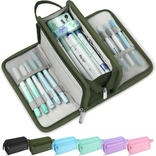 Miniatura 18 de Sooez Estuche grande para lápices, bolsa para lápices de gran capacidad con 3 compartimentos, organizador portátil de artículos de papelería de lona
