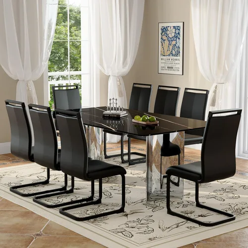 Miniatura 16 de Moderno juego de mesa de comedor para 6, 7 piezas, mesa rectangular de mármol sintético de 71 pulgadas con base de acero inoxidable plateado