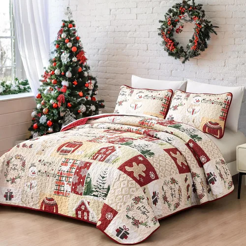 Miniatura 2 de DJY Juego de Edredón de Navidad Tamaño King, Juego de Colcha Coverlet de Retazos de Muñeco de Nieve de Pan de Jengibre 3 Piezas Edredón a Cuadros