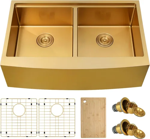 Miniatura 8 de Fregadero dorado de 33 x 20 pulgadas, fregadero de cocina dorado con doble tazón, fregadero de estación de trabajo de granja frontal de 33 pulgadas