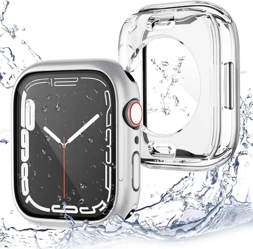 Miniatura 12 de [Paquete de 2] Funda impermeable 2 en 1 compatible con Apple Watch Series 9, 8, 7, 1.772 pulgadas, protector de pantalla de vidrio templado