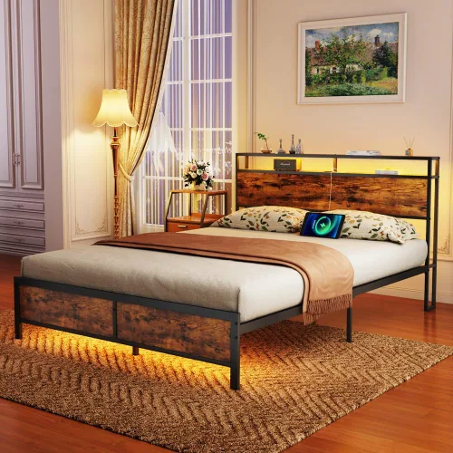 Base de cama industrial Queen con luces LED y 2 puertos USB, marco de cama tamaño Queen con almacenamiento de 2 niveles y patas de apoyo fuertes,