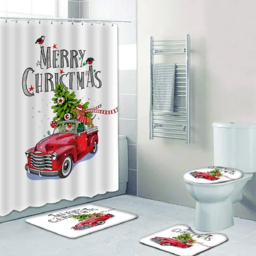 Juego de 4 cortinas de ducha con alfombra antideslizante, cubierta para tapa de inodoro y tapete de baño, cortina de ducha de Papá Noel con 12