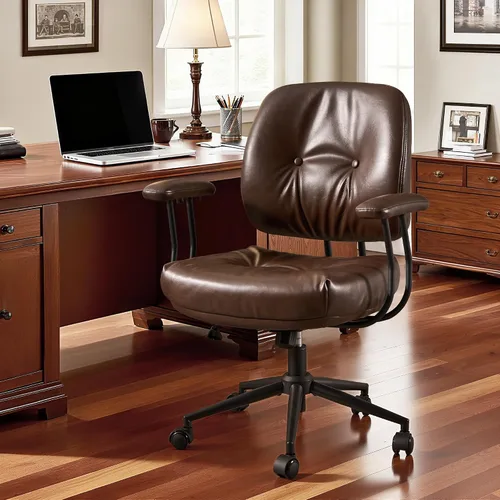 Silla de cuero para la oficina en casa, silla de escritorio ergonómica de respaldo medio con soporte lumbar, asiento profundo moderno de mediados de