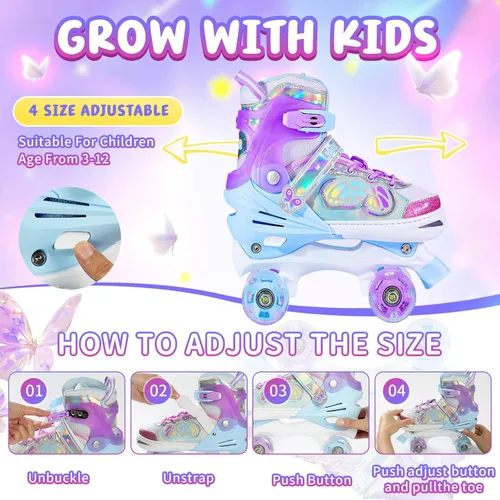 Miniatura 4 de SHDSL Kids Roller Skates for Girls Boys Beginner, 4 Size Adjustable Quad Butterfly Roller Skates with All Light up Wheels, Birthday Gift for Girls