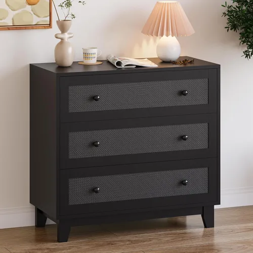 Miniatura 4 de Cómoda de 3 cajones para dormitorio, pequeña cómoda bohemia de ratán natural para armario, cajonera, organizador moderno de almacenamiento de ropa