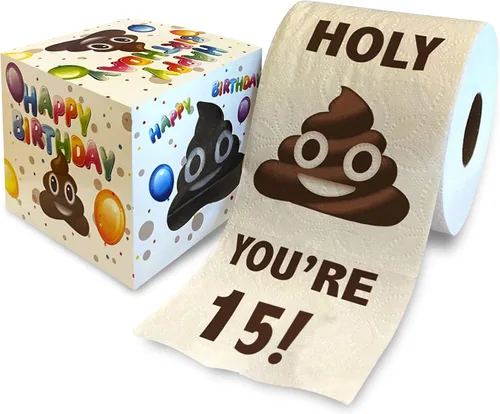 Papel higiénico impreso TP Holy Poop You're 15 - Papel higiénico impreso con texto en inglés «Happy 15th Birthday» para la mejor broma, sorpresa,