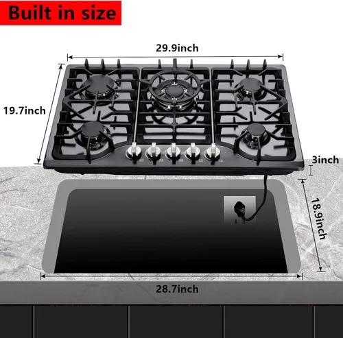 Miniatura 5 de Placa de gas de 30 pulgadas, estufa de gas de acero inoxidable integrada, 5 quemadores de alta eficiencia, estufa de gas convertible GLPG/NG (negro)