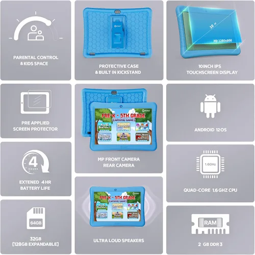 Miniatura 4 de Contixo Paquete de tableta para niños de 10 pulgadas con auriculares, tableta K103 para niños pequeños, más de 80 libros electrónicos y calcomanías