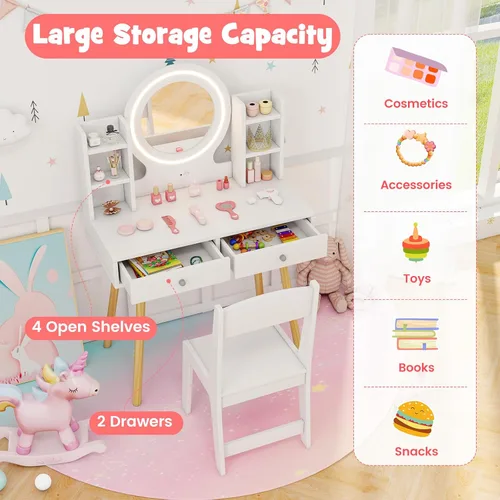 Miniatura 7 de HONEY JOY Juego de tocador para niños, juego de tocador para niñas con espejo y taburete y luces, cajones y estantes de almacenamiento, mesa