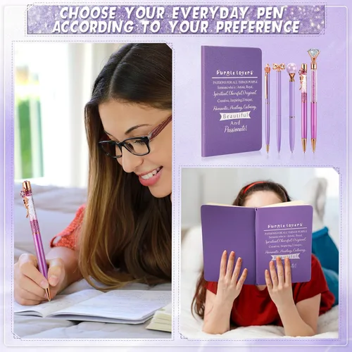 Miniatura 5 de Jetec 6 cuadernos morados de Navidad morados, regalos de diario de Navidad para mujeres, diario con purpurina con bolígrafos, juego de bolígrafos