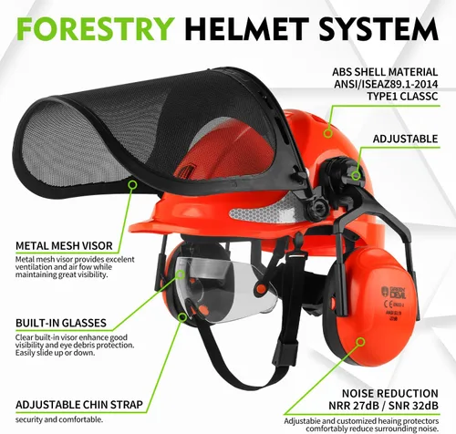 Miniatura 2 de GREEN DEVIL Casco protector de seguridad para motosierra, casco forestal con visera integrada de malla, protector facial de malla, orejeras 4 en 1