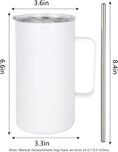 Miniatura 2 de 4 vasos delgados en blanco de sublimación de 24 onzas, tazas blancas con asa y pajita, taza recta de viaje de acero inoxidable de doble pared