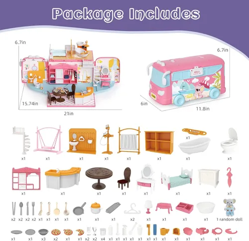 Miniatura 4 de Set de Juego Casa de Muñecas, Kit de Juguetes de Caravana Portátil DIY con Conejitos Muñecas Mini Casa de Campo Familiar para Acampar Juguetes