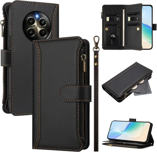Compatible con Realme P1 Pro, compatible con Realme 12 Pro 5G / 12 Pro Plus 5G, funda con función atril y doble ranura para tarjetas con cremallera,