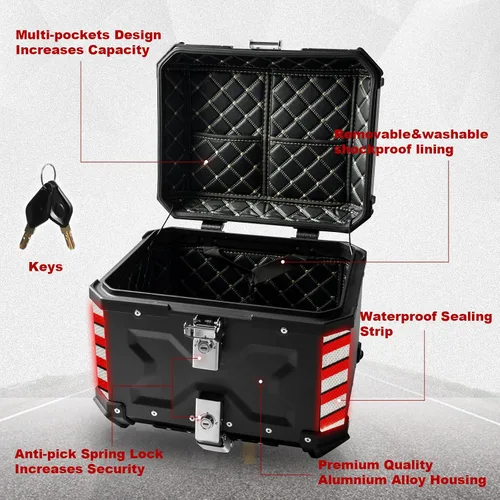 Miniatura 2 de Maletero Universal para Motocicleta, Caja Superior de 45L, Baúl Trasero para Motocicleta, Estuche de Almacenamiento con Respaldo, Cerradura de Negro