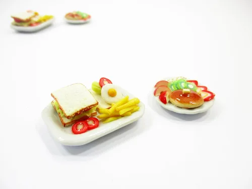 Miniatura 4 de Casa de muñecas Miniatura Comida 2 Desayuno Mantequilla Panqueque Cerámica Plato 16172